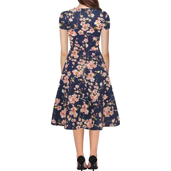 Women's Navy Elegant Knee Length Vintage A-Line Swing Dress with Pockets - Picture 2 of 6